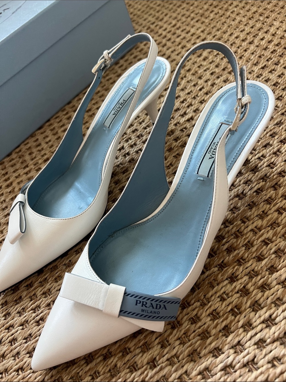 Prada White Leather Pointed Slingback Kitten Heels with Blue Prada Bow! - Picture 3 of 12